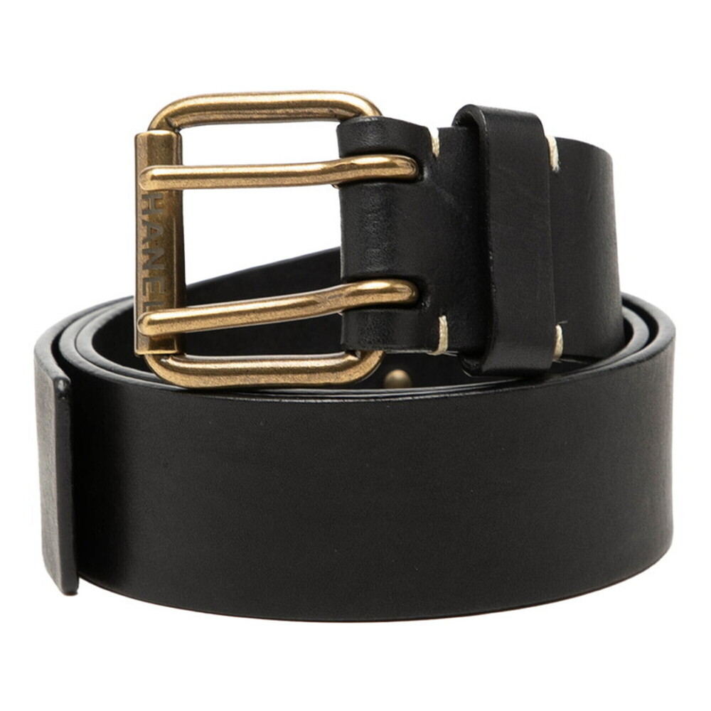 Chanel Coco Mark Eyelet Belt, 14A Stamp, Black Gold Leather, Women's CHANEL